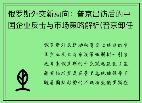俄罗斯外交新动向：普京出访后的中国企业反击与市场策略解析(普京卸任后中俄关系)