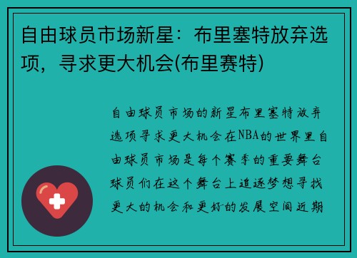 自由球员市场新星：布里塞特放弃选项，寻求更大机会(布里赛特)