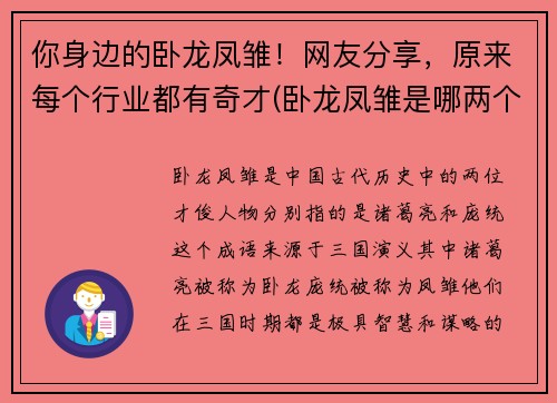 你身边的卧龙凤雏！网友分享，原来每个行业都有奇才(卧龙凤雏是哪两个人物)