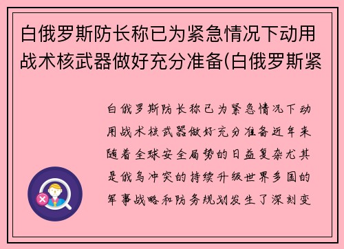 白俄罗斯防长称已为紧急情况下动用战术核武器做好充分准备(白俄罗斯紧张局势)