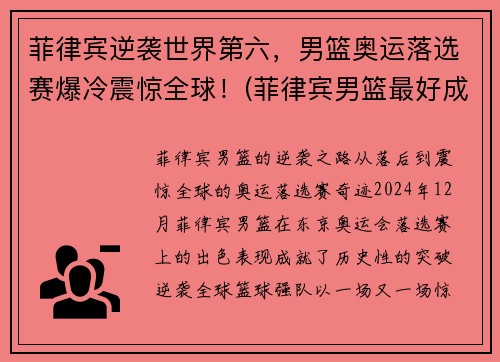 菲律宾逆袭世界第六，男篮奥运落选赛爆冷震惊全球！(菲律宾男篮最好成绩)