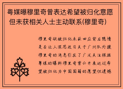 粤媒曝穆里奇曾表达希望被归化意愿 但未获相关人士主动联系(穆里奇)